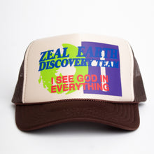 Load image into Gallery viewer, Earth Discovery Team Trucker Hat in Brown/Tan
