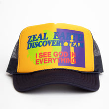 Load image into Gallery viewer, Earth Discovery Team Trucker Hat in Navy/Gold
