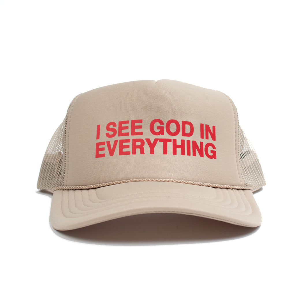 I SEE GOD IN EVERYTHING Trucker Hat in Tan