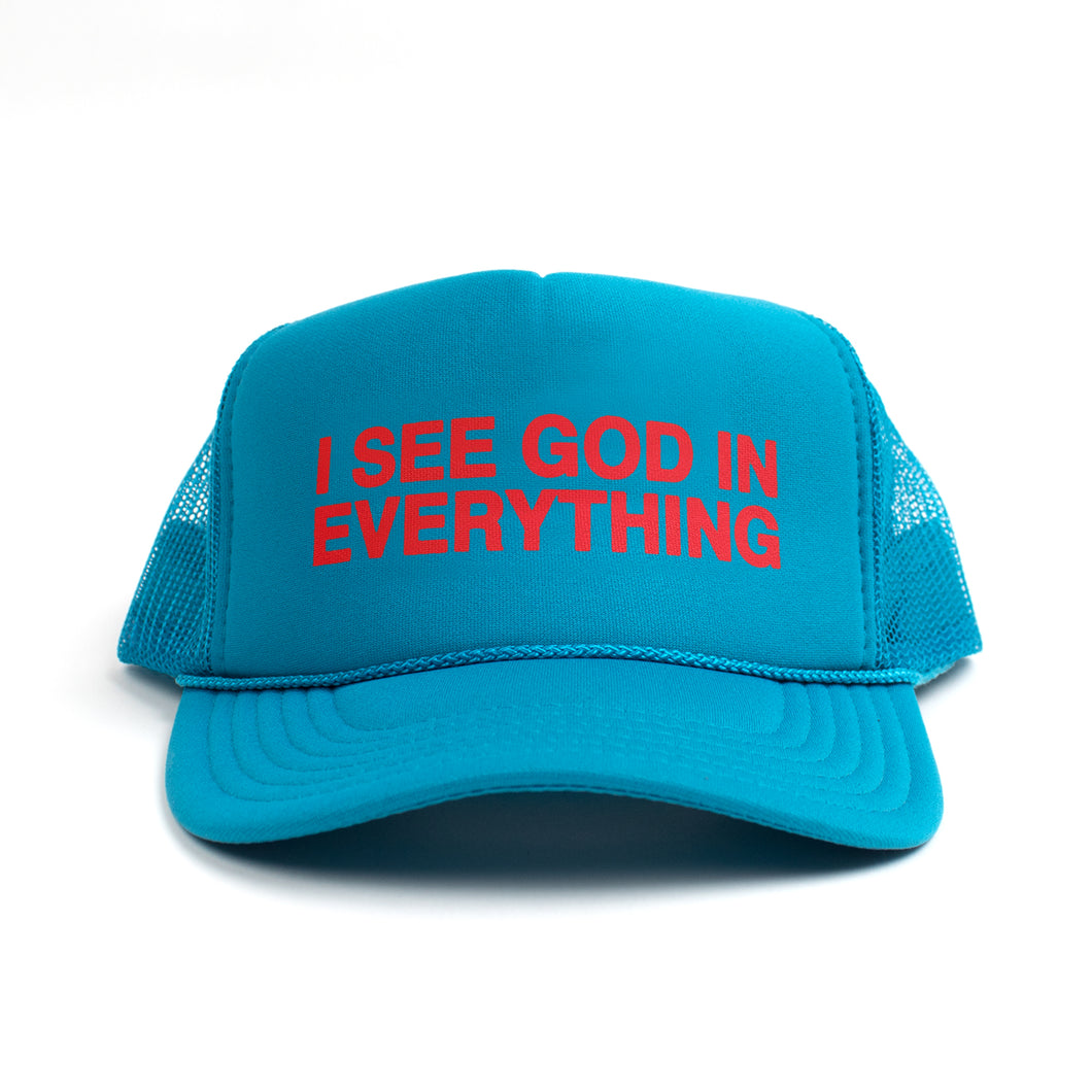 I SEE GOD IN EVERYTHING Trucker Hat in Turquoise