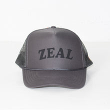 Load image into Gallery viewer, Gradient Stitch ZEAL LOGO Trucker Hat in Charcoal
