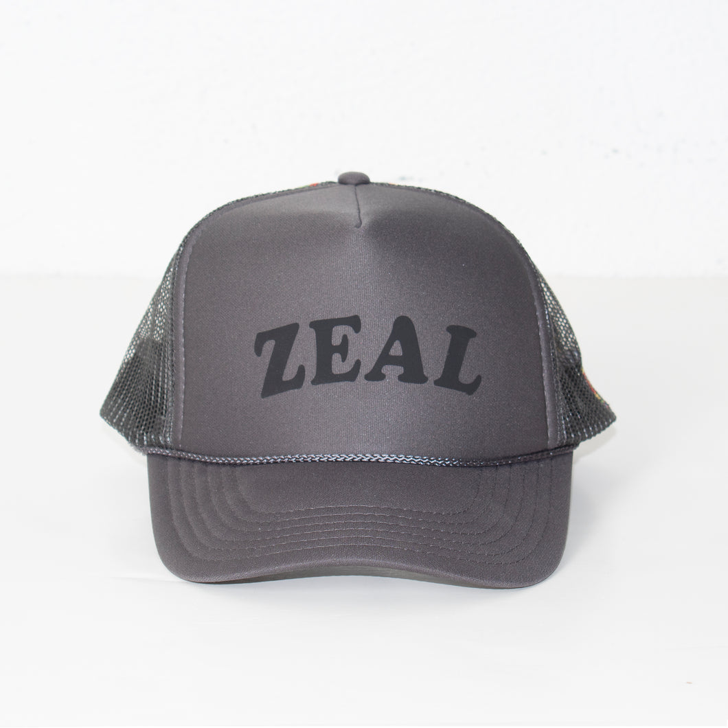 Gradient Stitch ZEAL LOGO Trucker Hat in Charcoal